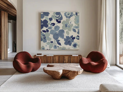 Soft Blue Florals III by Wild Apple Portfolio. Shown as extra-large giant wall art in a modern living room. Available as an archival giclee rolled canvas, fine art paper, or poster print. SKU 56491a.