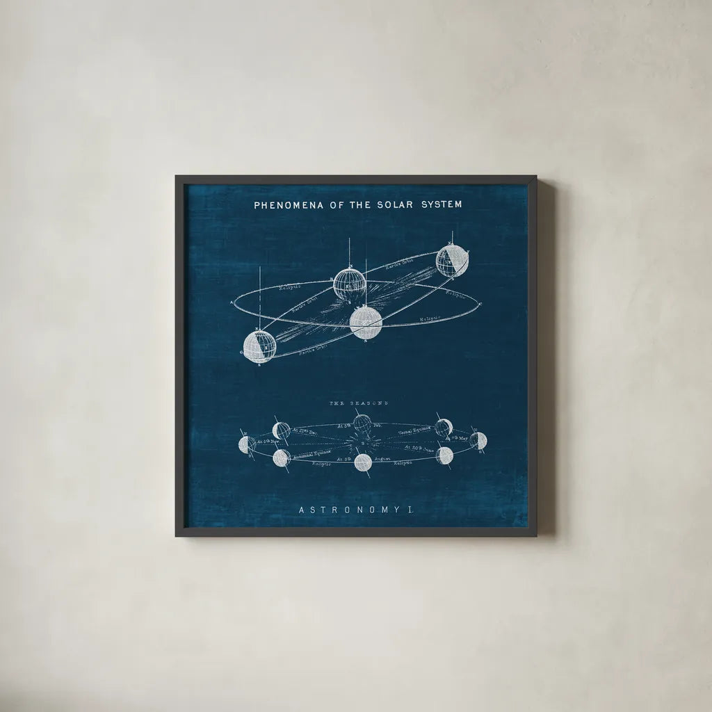 Solar System Blueprint I by Wild Apple Portfolio. Shown in a sleek black glass frame for a contemporary gallery look. Available as an archival giclee rolled canvas, fine art paper, or poster print. SKU 61812a.