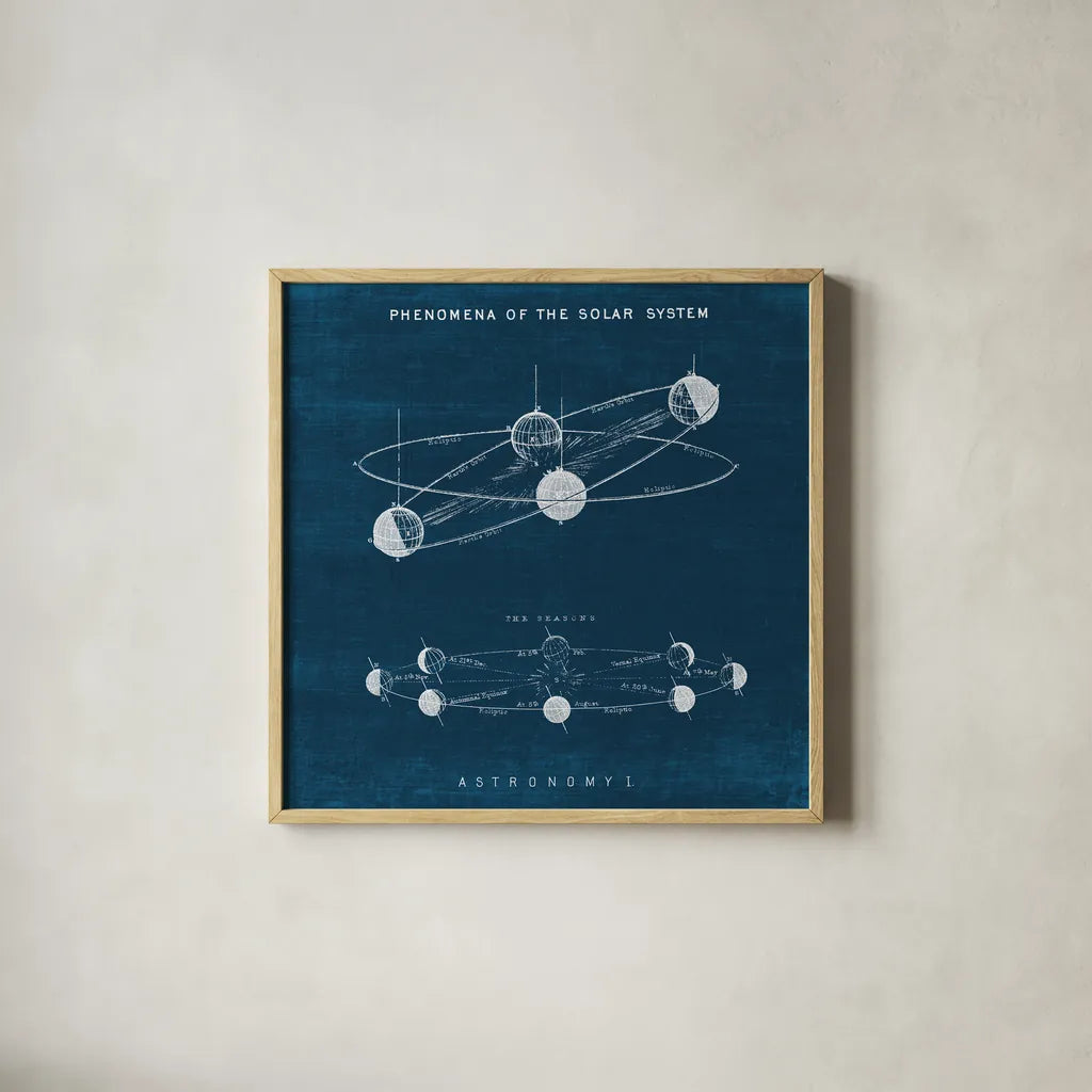 Solar System Blueprint I by Wild Apple Portfolio. Shown in a natural wood glass frame for a timeless modern aesthetic. Available as an archival giclee rolled canvas, fine art paper, or poster print. SKU 61812a.
