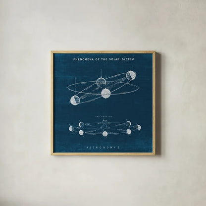 Solar System Blueprint I by Wild Apple Portfolio. Shown in a natural wood glass frame for a timeless modern aesthetic. Available as an archival giclee rolled canvas, fine art paper, or poster print. SKU 61812a.