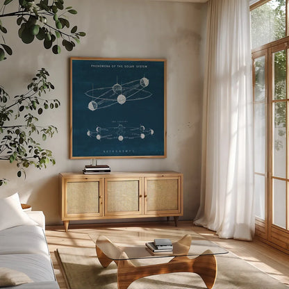 Solar System Blueprint I by Wild Apple Portfolio. Shown in a natural wood frame in a cozy modern living room. Available as an archival giclee rolled canvas, fine art paper, or poster print. SKU 61812a.
