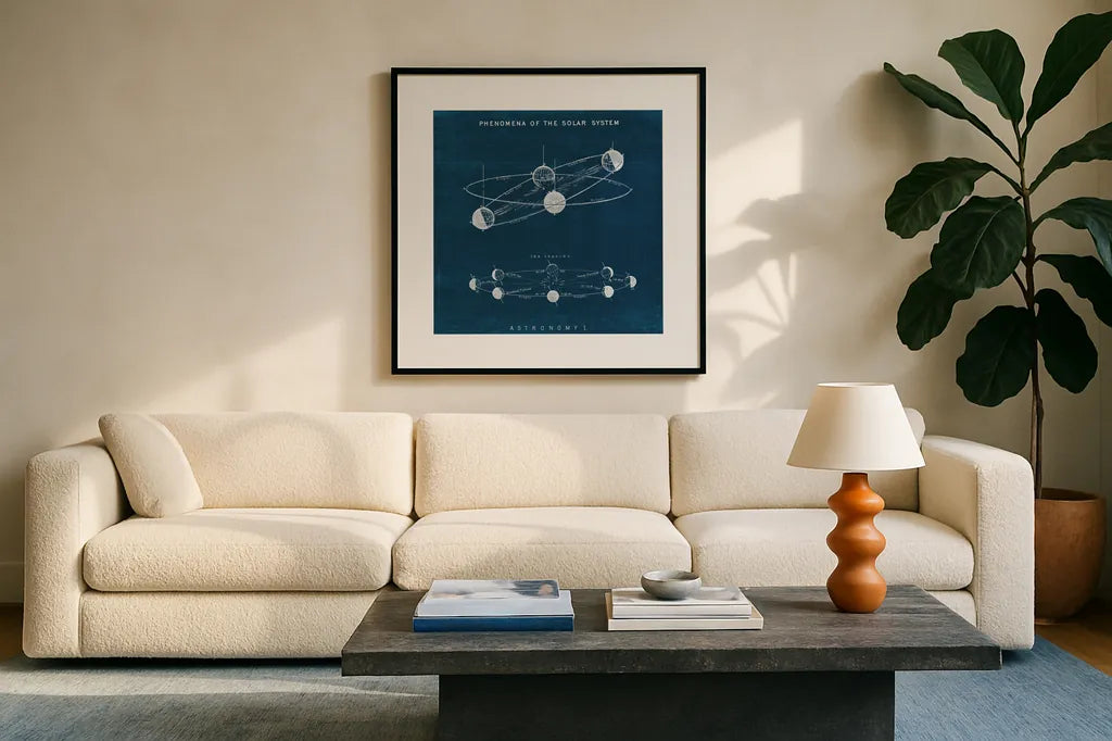 Solar System Blueprint I by Wild Apple Portfolio. Displayed in a glass frame with matte in a clean modern living room. Available as an archival giclee rolled canvas, fine art paper, or poster print. SKU 61812a.