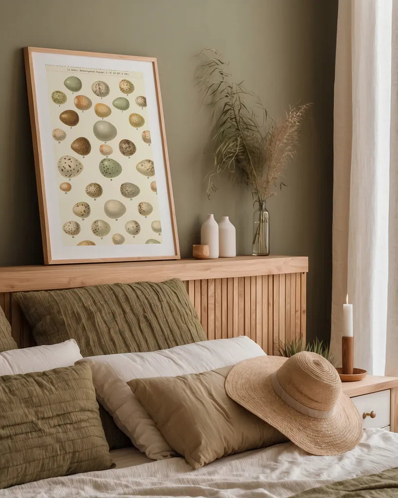 Songbird Egg Chart by Wild Apple Portfolio. shown as a paper print in a natural frame. Available as a archival giclee rolled canvas, fine art paper, or poster print. SKU 44331h.