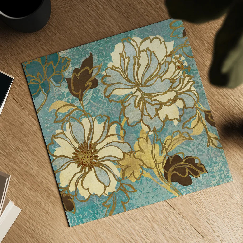 Sophias Flowers Blue I by Wild Apple Portfolio. Shown as a detailed flat fine art print, highlighting archival giclee quality. Available as an archival giclee rolled canvas, fine art paper, or poster print. SKU 8372a.