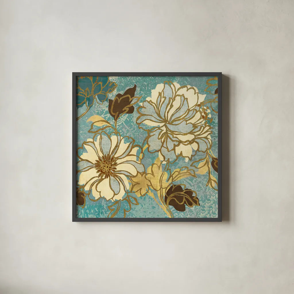 Sophias Flowers Blue I by Wild Apple Portfolio. Shown in a sleek black glass frame for a contemporary gallery look. Available as an archival giclee rolled canvas, fine art paper, or poster print. SKU 8372a.