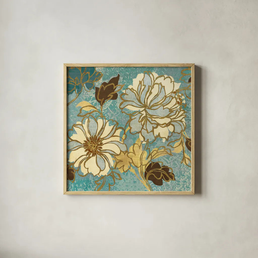 Sophias Flowers Blue I by Wild Apple Portfolio. Shown in a natural wood glass frame for a timeless modern aesthetic. Available as an archival giclee rolled canvas, fine art paper, or poster print. SKU 8372a.