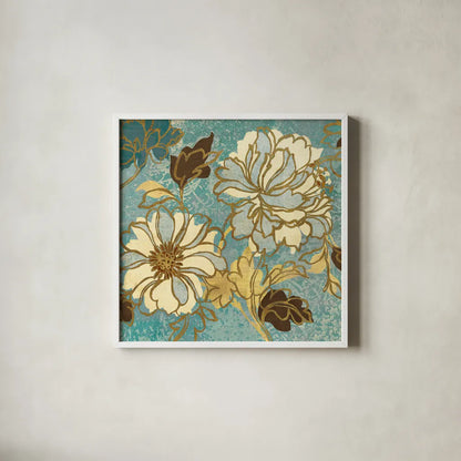 Sophias Flowers Blue I by Wild Apple Portfolio. Shown in a crisp white glass frame for a clean and minimalist style. Available as an archival giclee rolled canvas, fine art paper, or poster print. SKU 8372a.