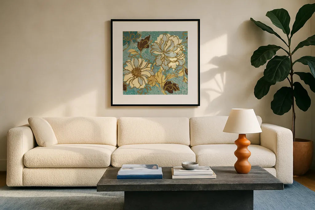 Sophias Flowers Blue I by Wild Apple Portfolio. Displayed in a glass frame with matte in a clean modern living room. Available as an archival giclee rolled canvas, fine art paper, or poster print. SKU 8372a.