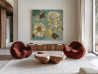 Sophias Flowers Blue I by Wild Apple Portfolio. Shown as extra-large giant wall art in a modern living room. Available as an archival giclee rolled canvas, fine art paper, or poster print. SKU 8372a.