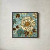 Sophias Flowers Blue II by Wild Apple Portfolio. Shown in a sleek black glass frame for a contemporary gallery look. Available as an archival giclee rolled canvas, fine art paper, or poster print. SKU 8373a.