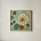 Sophias Flowers Blue II by Wild Apple Portfolio. Shown in a natural wood glass frame for a timeless modern aesthetic. Available as an archival giclee rolled canvas, fine art paper, or poster print. SKU 8373a.