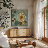 Sophias Flowers Blue II by Wild Apple Portfolio. Shown in a natural wood frame in a cozy modern living room. Available as an archival giclee rolled canvas, fine art paper, or poster print. SKU 8373a.