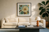 Sophias Flowers Blue II by Wild Apple Portfolio. Displayed in a glass frame with matte in a clean modern living room. Available as an archival giclee rolled canvas, fine art paper, or poster print. SKU 8373a.