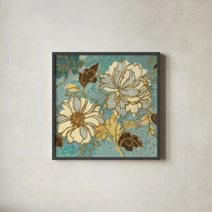 Sophias Flowers I Blue by Wild Apple Portfolio. Shown in a sleek black glass frame for a contemporary gallery look. Available as an archival giclee rolled canvas, fine art paper, or poster print. SKU 8497a.