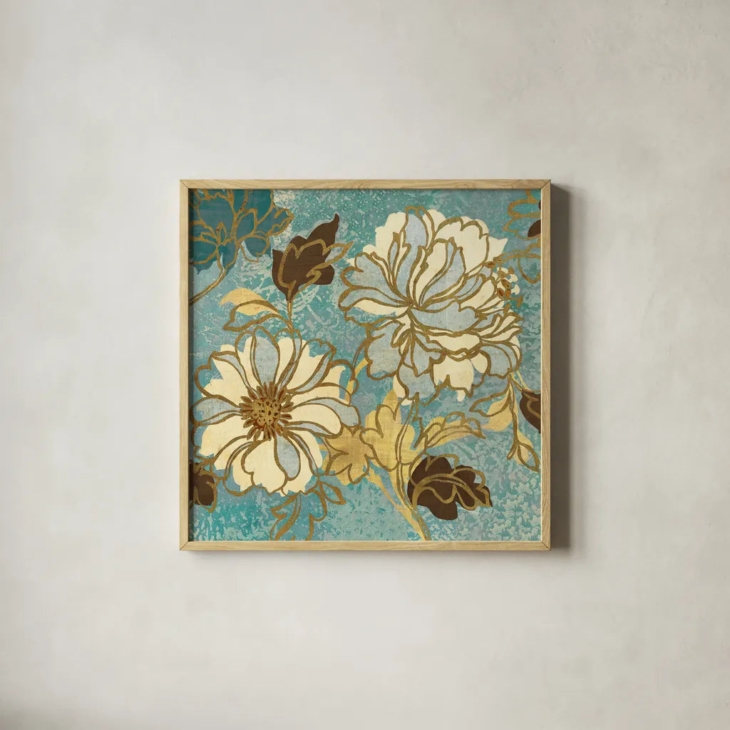 Sophias Flowers I Blue by Wild Apple Portfolio. Shown in a natural wood glass frame for a timeless modern aesthetic. Available as an archival giclee rolled canvas, fine art paper, or poster print. SKU 8497a.