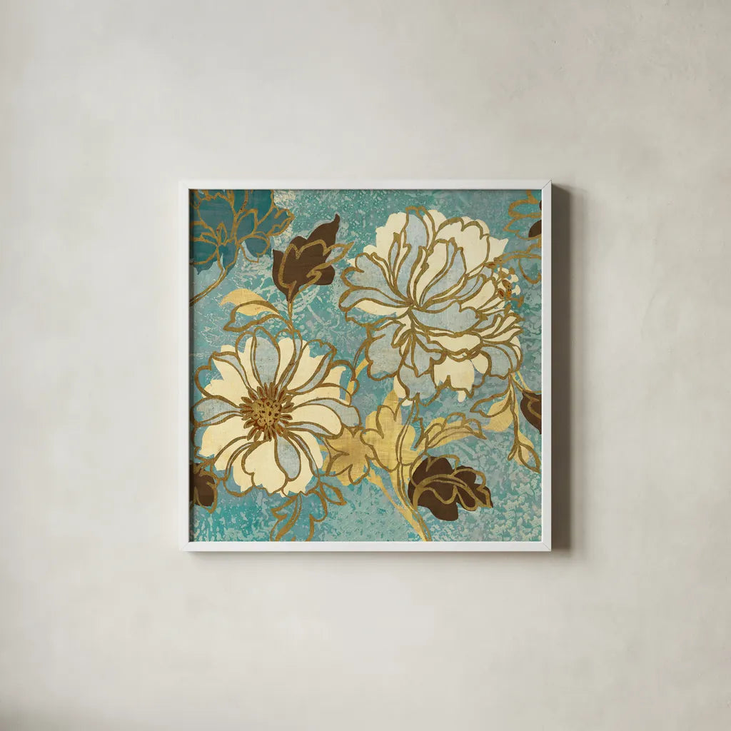 Sophias Flowers I Blue by Wild Apple Portfolio. Shown in a crisp white glass frame for a clean and minimalist style. Available as an archival giclee rolled canvas, fine art paper, or poster print. SKU 8497a.