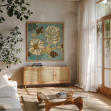 Sophias Flowers I Blue by Wild Apple Portfolio. Shown in a natural wood frame in a cozy modern living room. Available as an archival giclee rolled canvas, fine art paper, or poster print. SKU 8497a.