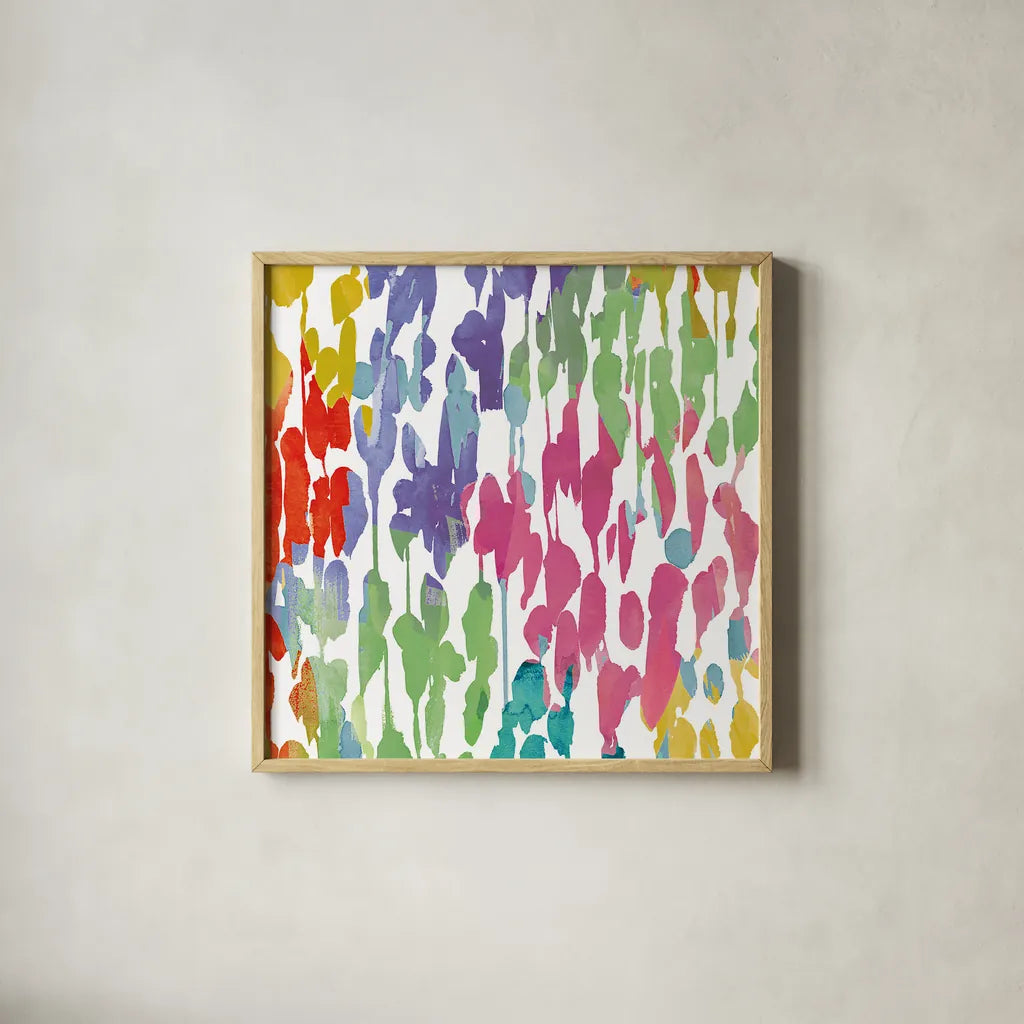 Splashes of Color II by Wild Apple Portfolio. Shown in a natural wood glass frame for a timeless modern aesthetic. Available as an archival giclee rolled canvas, fine art paper, or poster print. SKU 17229a.