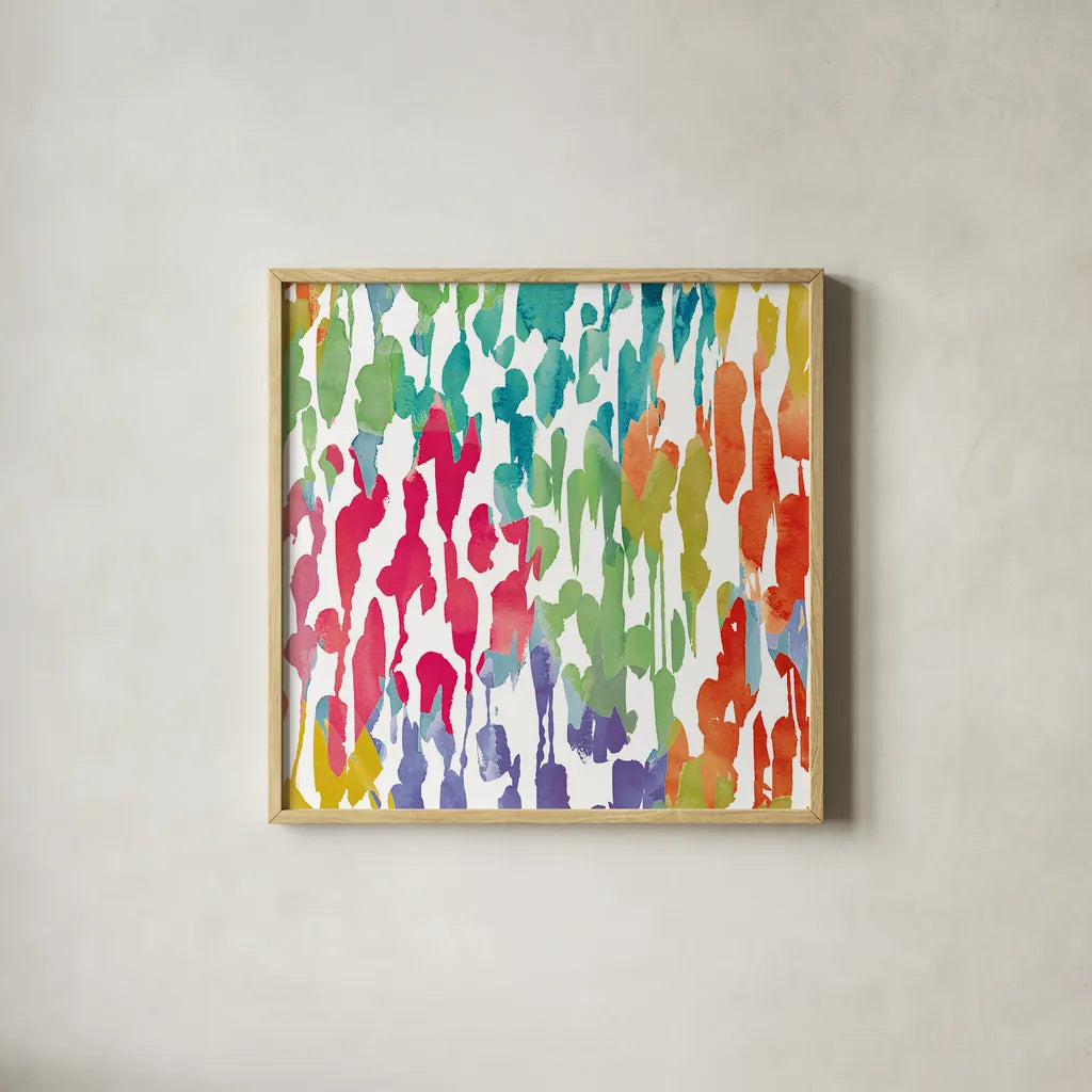 Splashes of Color III by Wild Apple Portfolio. Shown in a natural wood glass frame for a timeless modern aesthetic. Available as an archival giclee rolled canvas, fine art paper, or poster print. SKU 17230a.