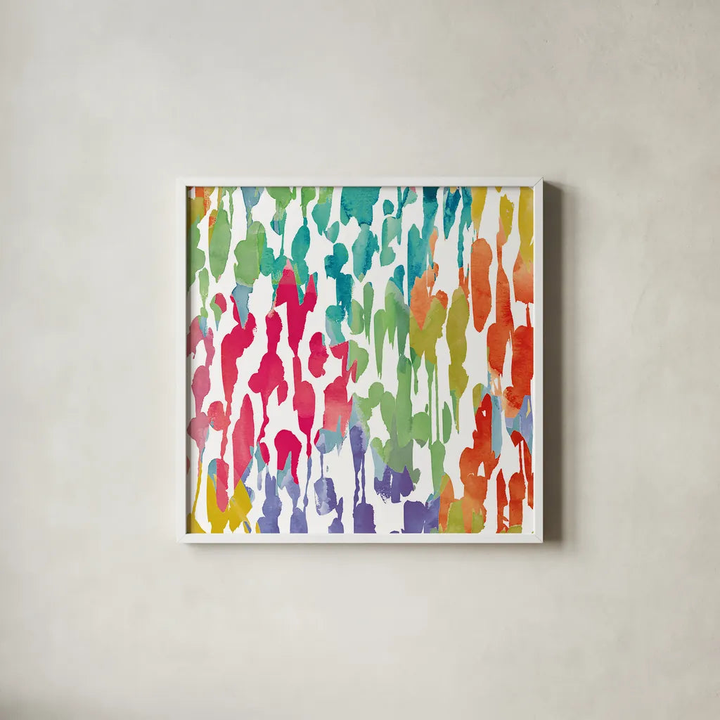 Splashes of Color III by Wild Apple Portfolio. Shown in a crisp white glass frame for a clean and minimalist style. Available as an archival giclee rolled canvas, fine art paper, or poster print. SKU 17230a.