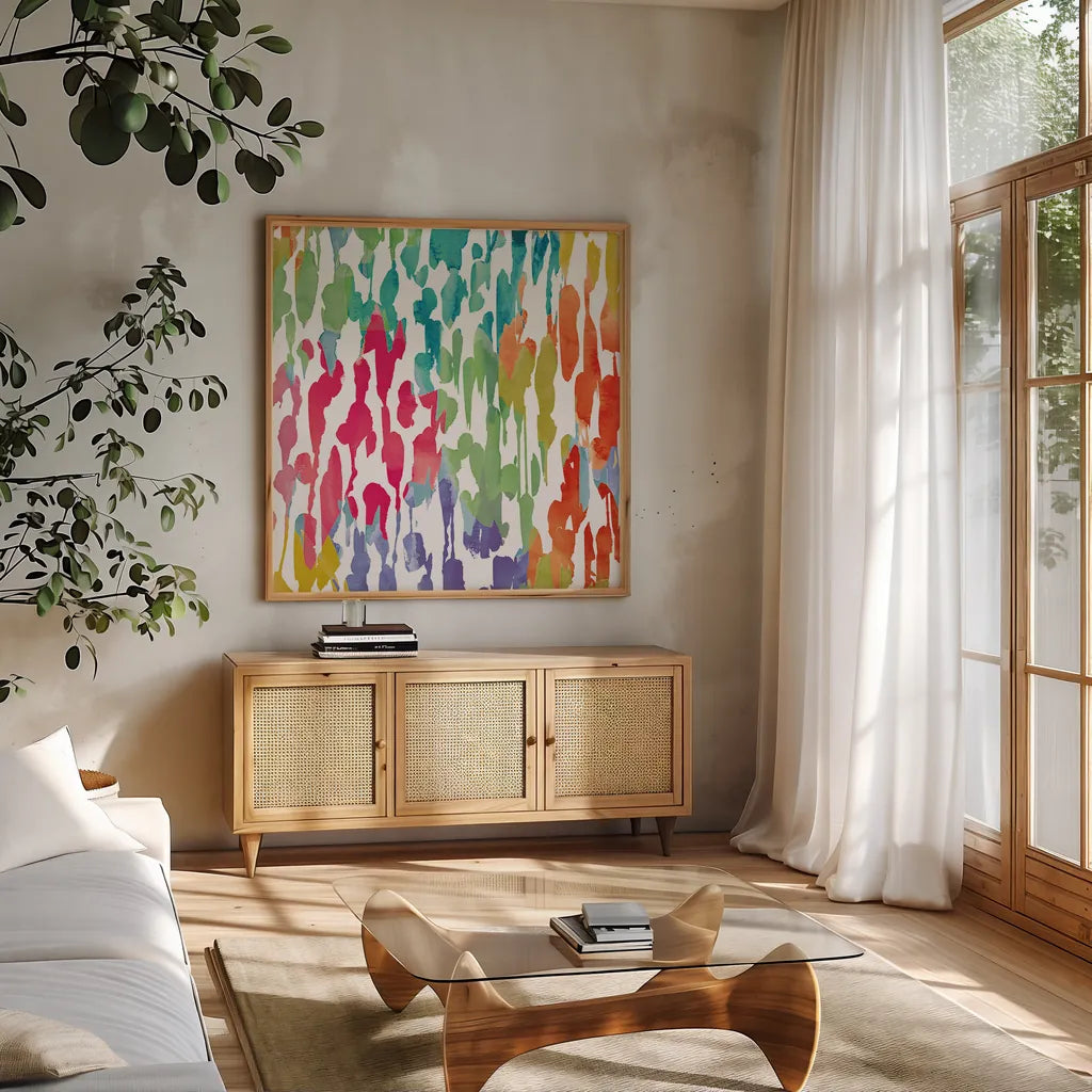 Splashes of Color III by Wild Apple Portfolio. Shown in a natural wood frame in a cozy modern living room. Available as an archival giclee rolled canvas, fine art paper, or poster print. SKU 17230a.