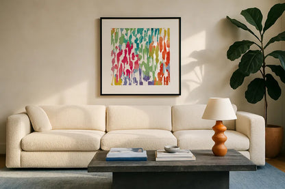Splashes of Color III by Wild Apple Portfolio. Displayed in a glass frame with matte in a clean modern living room. Available as an archival giclee rolled canvas, fine art paper, or poster print. SKU 17230a.