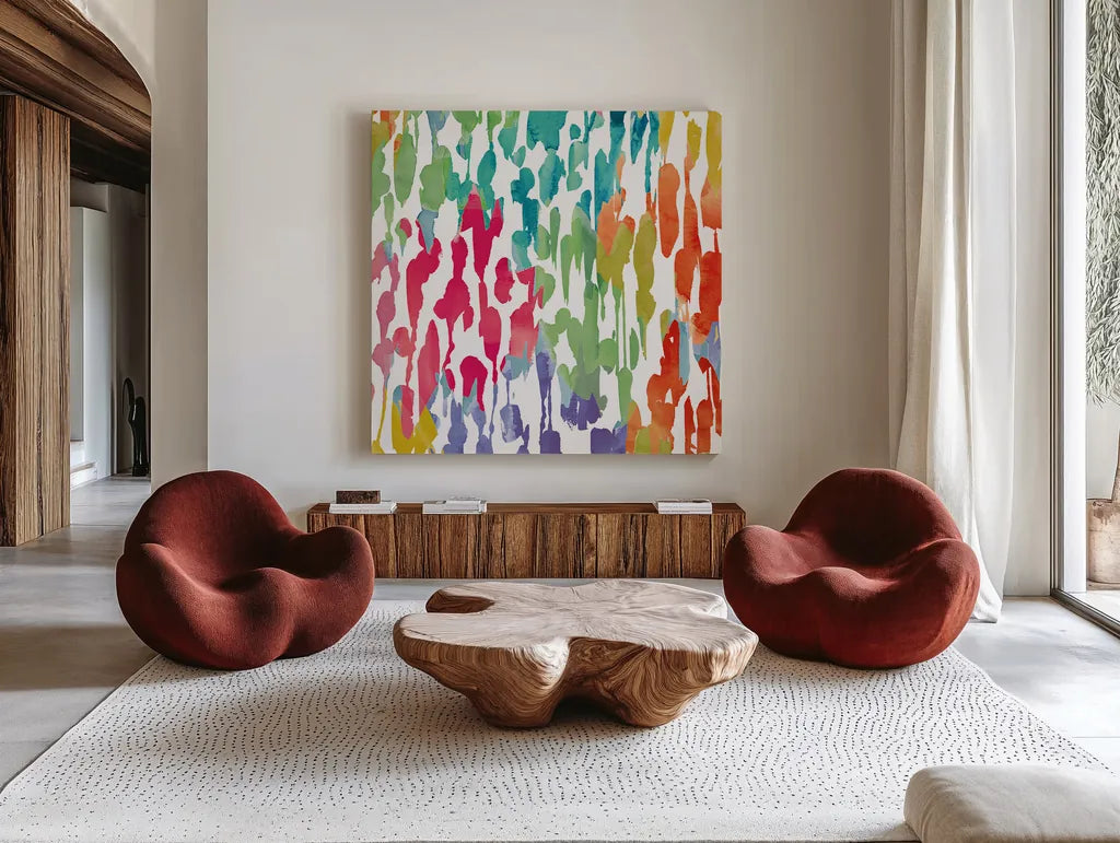 Splashes of Color III by Wild Apple Portfolio. Shown as extra-large giant wall art in a modern living room. Available as an archival giclee rolled canvas, fine art paper, or poster print. SKU 17230a.