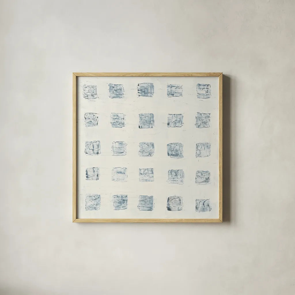 Squares on White by Wild Apple Portfolio. Shown in a natural wood glass frame for a timeless modern aesthetic. Available as an archival giclee rolled canvas, fine art paper, or poster print. SKU 71758a.