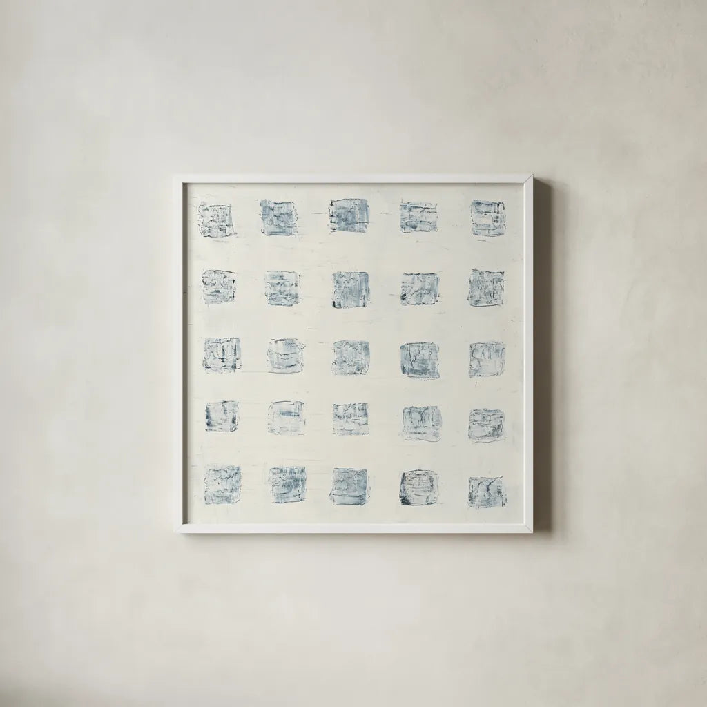 Squares on White by Wild Apple Portfolio. Shown in a crisp white glass frame for a clean and minimalist style. Available as an archival giclee rolled canvas, fine art paper, or poster print. SKU 71758a.