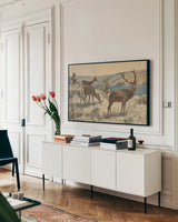 Stag in the Wild by Wild Apple Portfolio. shown as a framed stretched canvas in a living room above a console. Available as a archival giclee rolled canvas, fine art paper, or poster print. SKU 95650i.