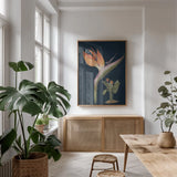 Stelitzia Reginoe Dark Blue No Words by Wild Apple Portfolio. shown as a print in a natural wood frame in a dining room. Available as a archival giclee rolled canvas, fine art paper, or poster print. SKU 90105h.