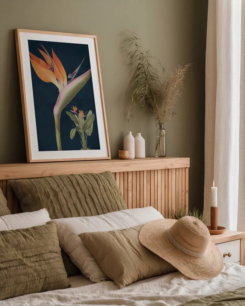 Stelitzia Reginoe Dark Blue No Words by Wild Apple Portfolio. shown as a paper print in a natural frame. Available as a archival giclee rolled canvas, fine art paper, or poster print. SKU 90105h.