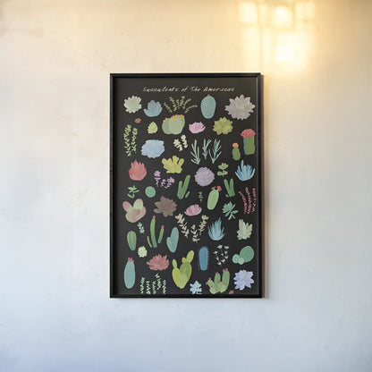 Succulent Chart I of the Americas by Wild Apple Portfolio. shown as a paper print in a black flame. Available as a archival giclee rolled canvas, fine art paper, or poster print. SKU 33817h.