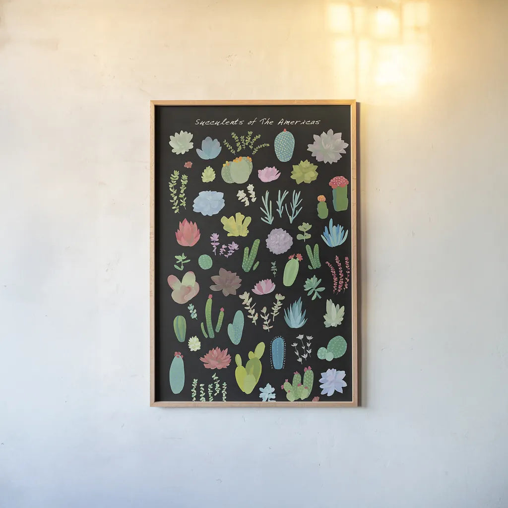 Succulent Chart I of the Americas by Wild Apple Portfolio. shown as a paper print in a natural frame. Available as a archival giclee rolled canvas, fine art paper, or poster print. SKU 33817h.
