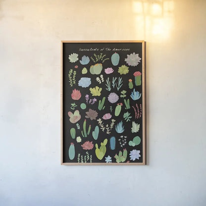 Succulent Chart I of the Americas by Wild Apple Portfolio. shown as a paper print in a natural frame. Available as a archival giclee rolled canvas, fine art paper, or poster print. SKU 33817h.