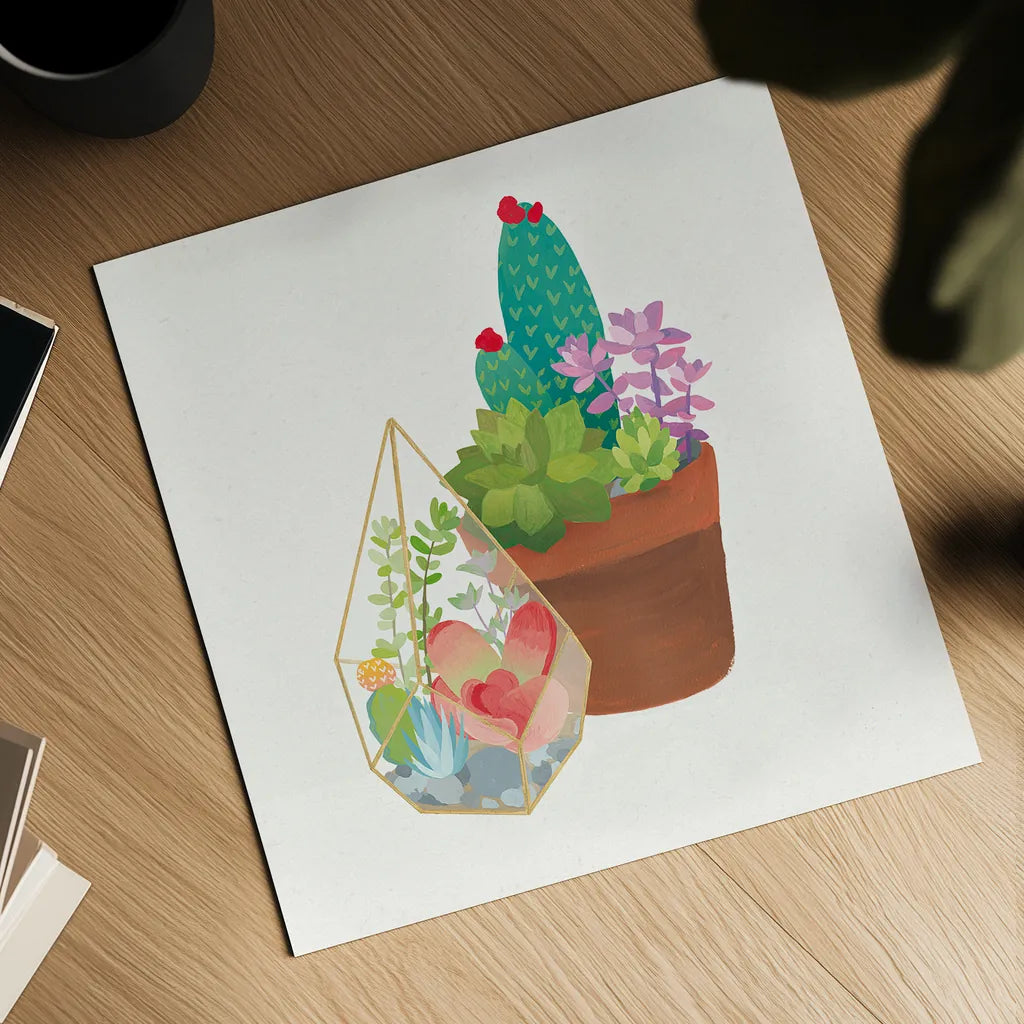 Succulent Garden I by Wild Apple Portfolio. Shown as a detailed flat fine art print, highlighting archival giclee quality. Available as an archival giclee rolled canvas, fine art paper, or poster print. SKU 21555a.