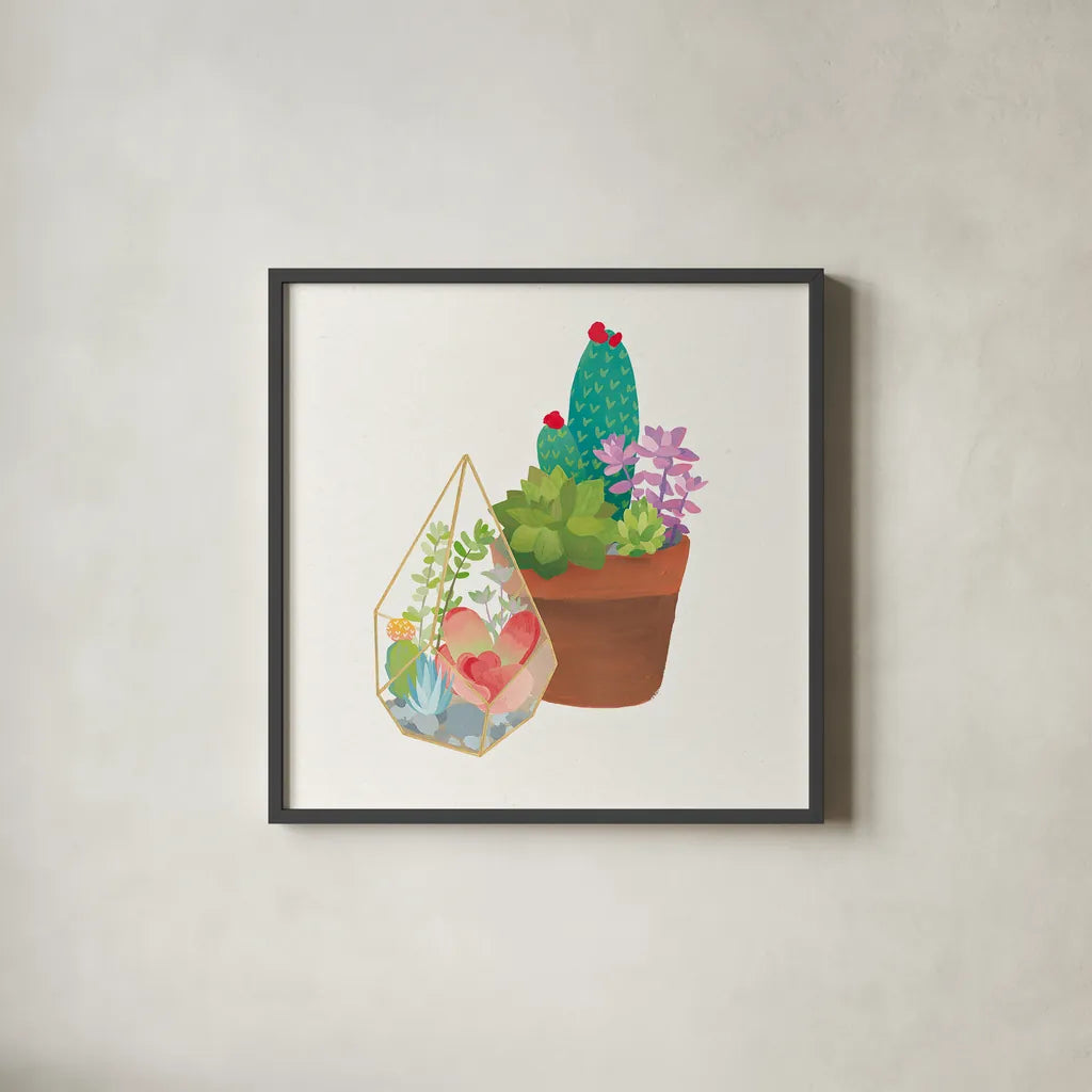 Succulent Garden I by Wild Apple Portfolio. Shown in a sleek black glass frame for a contemporary gallery look. Available as an archival giclee rolled canvas, fine art paper, or poster print. SKU 21555a.