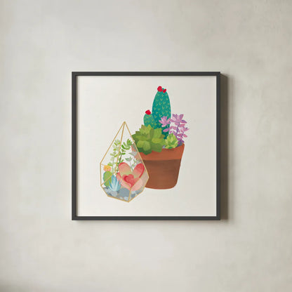 Succulent Garden I by Wild Apple Portfolio. Shown in a sleek black glass frame for a contemporary gallery look. Available as an archival giclee rolled canvas, fine art paper, or poster print. SKU 21555a.