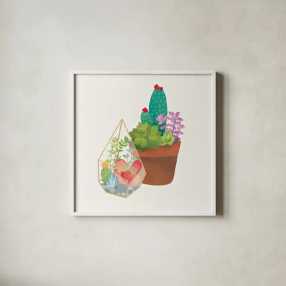 Succulent Garden I by Wild Apple Portfolio. Shown in a crisp white glass frame for a clean and minimalist style. Available as an archival giclee rolled canvas, fine art paper, or poster print. SKU 21555a.