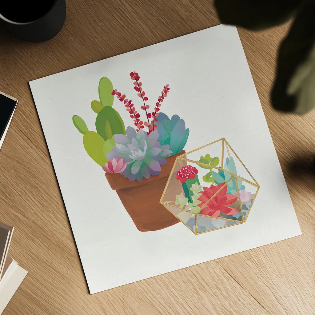 Succulent Garden II by Wild Apple Portfolio. Shown as a detailed flat fine art print, highlighting archival giclee quality. Available as an archival giclee rolled canvas, fine art paper, or poster print. SKU 21556a.