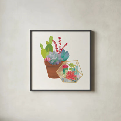 Succulent Garden II by Wild Apple Portfolio. Shown in a sleek black glass frame for a contemporary gallery look. Available as an archival giclee rolled canvas, fine art paper, or poster print. SKU 21556a.