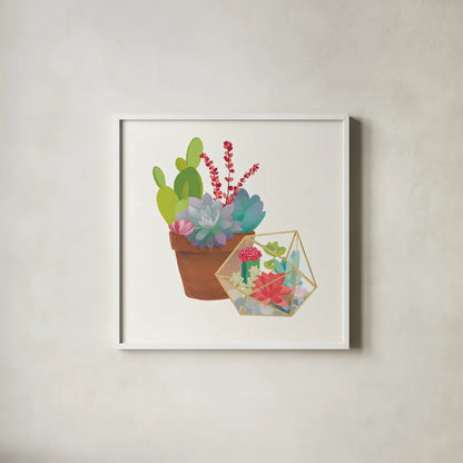 Succulent Garden II by Wild Apple Portfolio. Shown in a crisp white glass frame for a clean and minimalist style. Available as an archival giclee rolled canvas, fine art paper, or poster print. SKU 21556a.