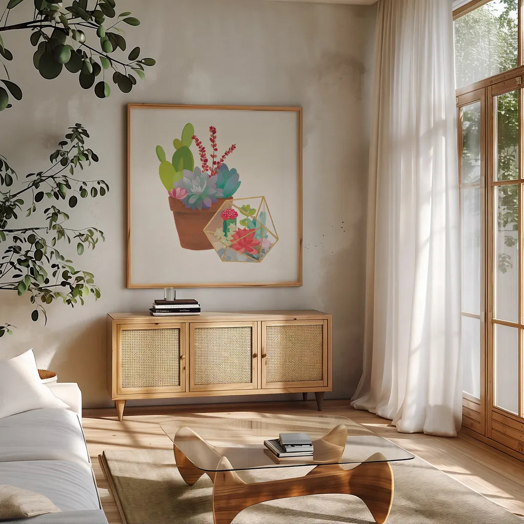 Succulent Garden II by Wild Apple Portfolio. Shown in a natural wood frame in a cozy modern living room. Available as an archival giclee rolled canvas, fine art paper, or poster print. SKU 21556a.