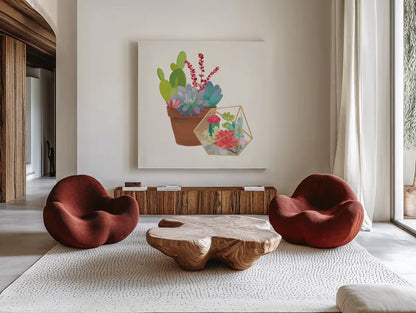 Succulent Garden II by Wild Apple Portfolio. Shown as extra-large giant wall art in a modern living room. Available as an archival giclee rolled canvas, fine art paper, or poster print. SKU 21556a.