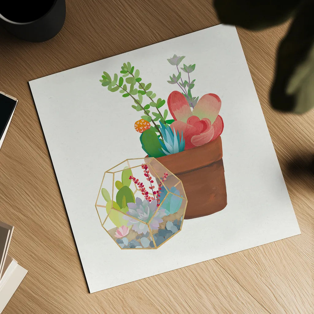 Succulent Garden III by Wild Apple Portfolio. Shown as a detailed flat fine art print, highlighting archival giclee quality. Available as an archival giclee rolled canvas, fine art paper, or poster print. SKU 21557a.
