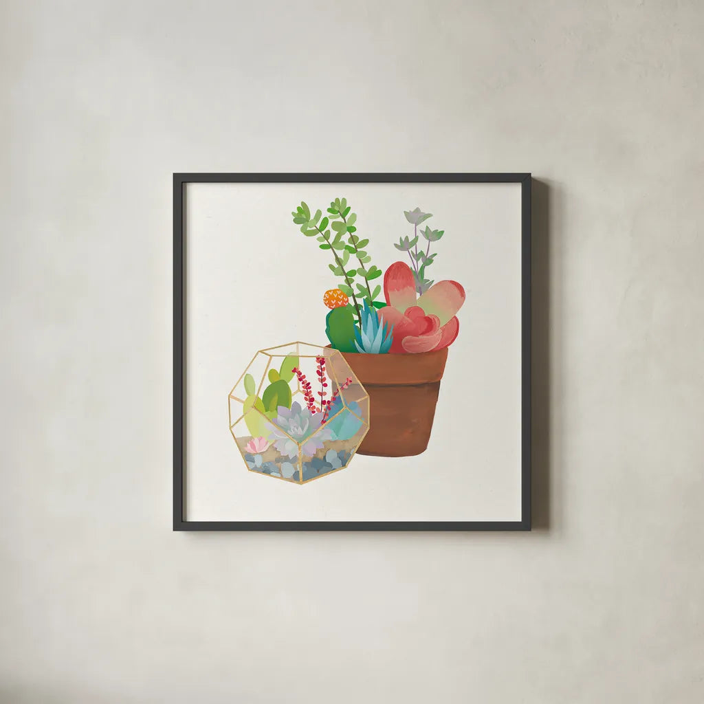 Succulent Garden III by Wild Apple Portfolio. Shown in a sleek black glass frame for a contemporary gallery look. Available as an archival giclee rolled canvas, fine art paper, or poster print. SKU 21557a.