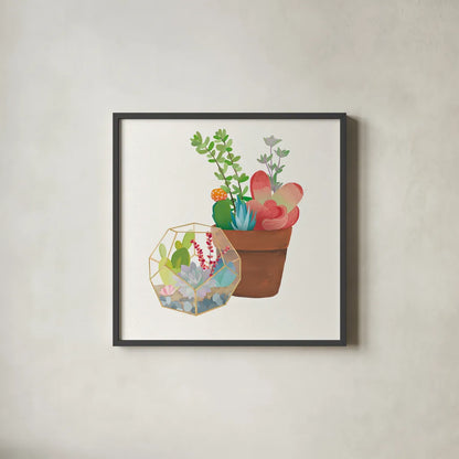 Succulent Garden III by Wild Apple Portfolio. Shown in a sleek black glass frame for a contemporary gallery look. Available as an archival giclee rolled canvas, fine art paper, or poster print. SKU 21557a.