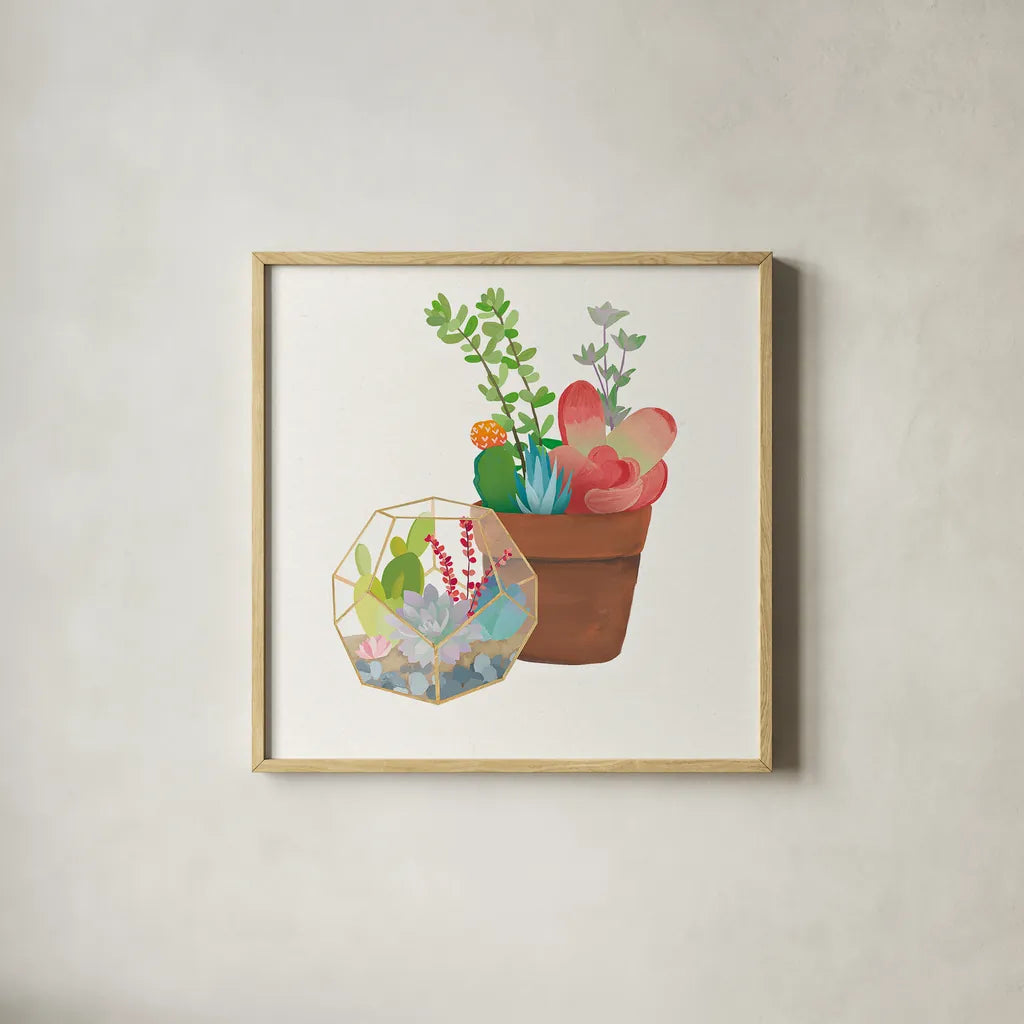 Succulent Garden III by Wild Apple Portfolio. Shown in a natural wood glass frame for a timeless modern aesthetic. Available as an archival giclee rolled canvas, fine art paper, or poster print. SKU 21557a.