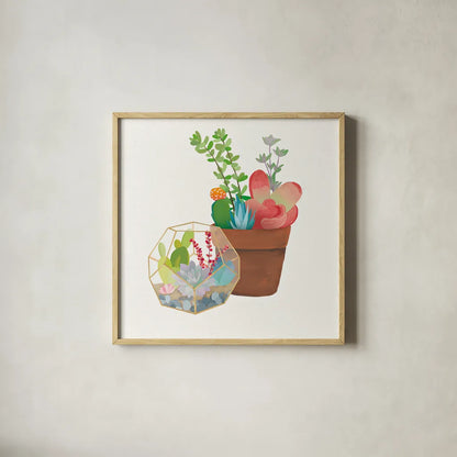 Succulent Garden III by Wild Apple Portfolio. Shown in a natural wood glass frame for a timeless modern aesthetic. Available as an archival giclee rolled canvas, fine art paper, or poster print. SKU 21557a.