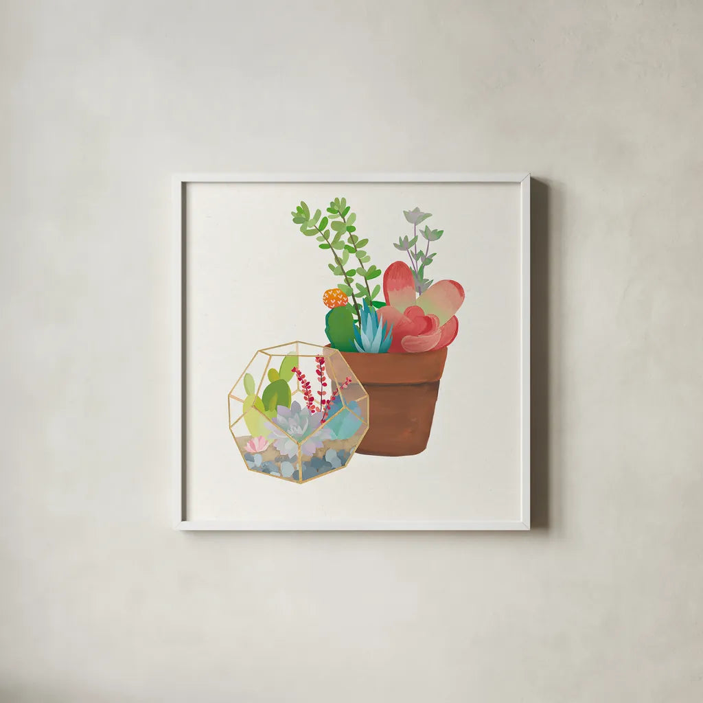 Succulent Garden III by Wild Apple Portfolio. Shown in a crisp white glass frame for a clean and minimalist style. Available as an archival giclee rolled canvas, fine art paper, or poster print. SKU 21557a.